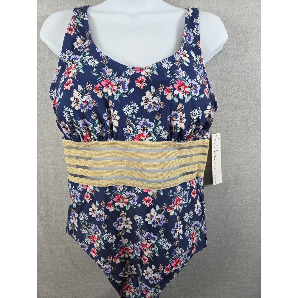 Nicole Miller XL Swimsuit Navy Floral Print‎ Gold Mesh Torso Scoop Neck NEW